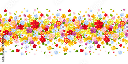 Vector horizontal seamless border with small bright colorful flowers and leaves on a white background.