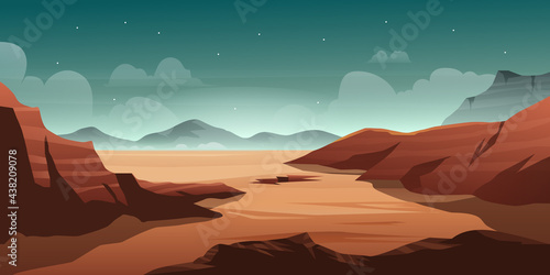 Illustration of desert with mountain hill in the night scene beautiful sky with star background