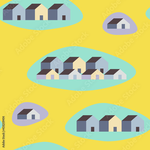 Vector seamless pattern of gray houses on illuminating yellow background with green watery aqua and purple geometric minimalist shape. Modern Simplicity design for print paper, fabric, textile. Home.