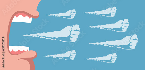 Angry person is screaming loudly, refusing of something with fig sign