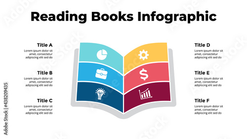 Reading books infographic. Education concept. Literature sign. 6 steps chart. Vector slide template. Creative illustration. 