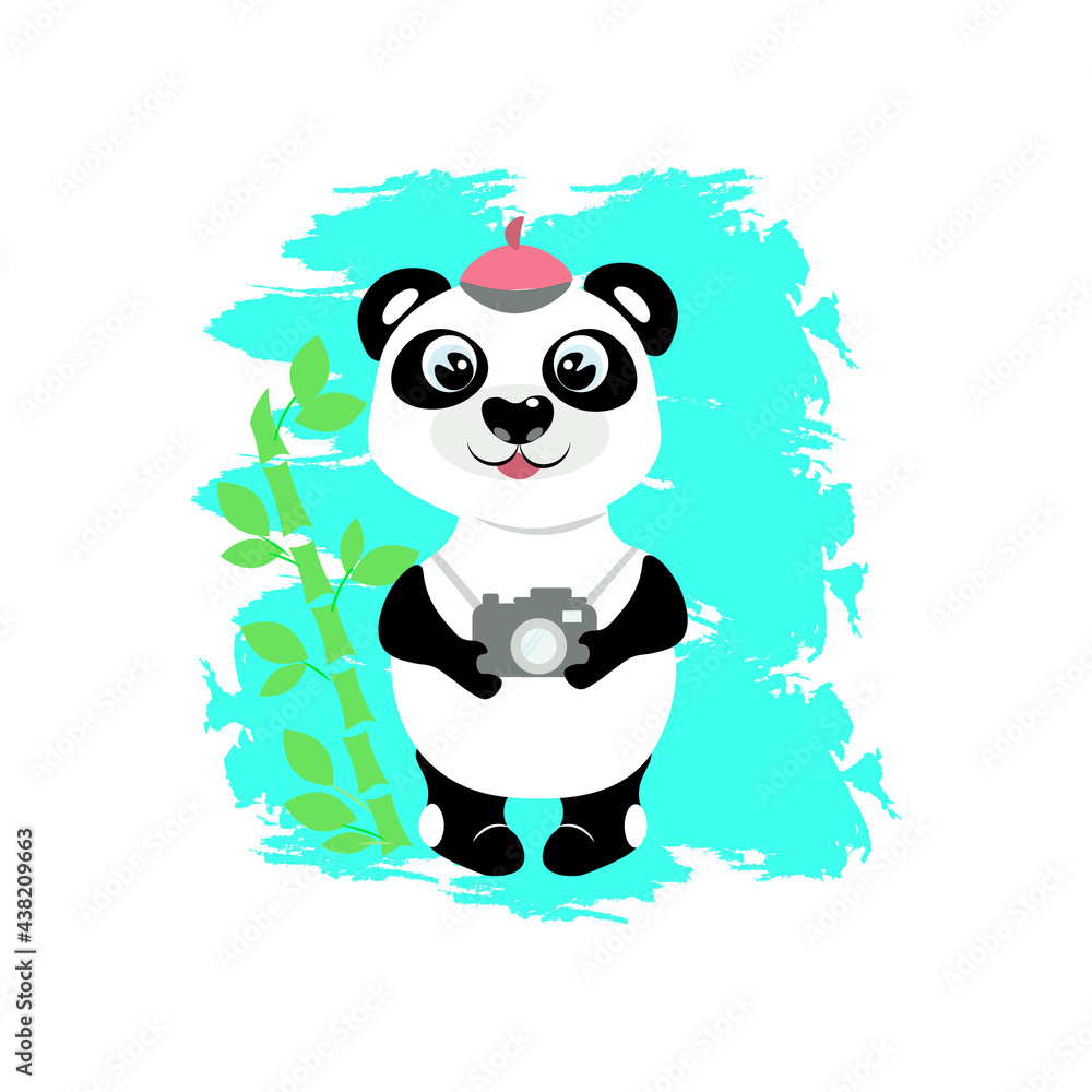 A little panda bear holds a camera in its paws. Children's illustration, background, wallpaper for the room, print, cute, design, poster, postcard, bed linen, for children's clothing A little panda bear holds a camera in its paws. Children's illustration, background, wallpaper for the room, print, cute, design, poster, postcard, bed linen, for children's clothing