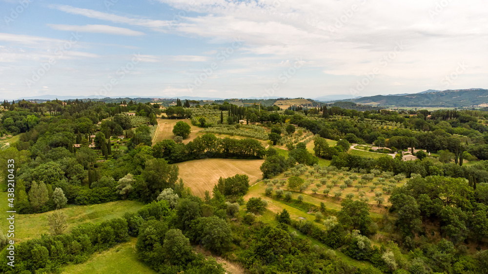Stunning aerial view of the Tuscan countryside with its characteristic spring colors.