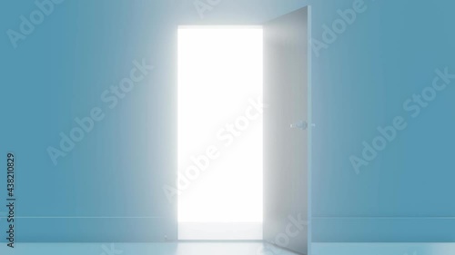 3d render video of house door opening with strong light background, future concept