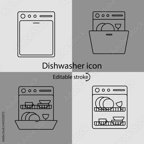 Dishwasher linear icons set. Customizable linear contour symbol. Editable stroke. Isolated vector illustration