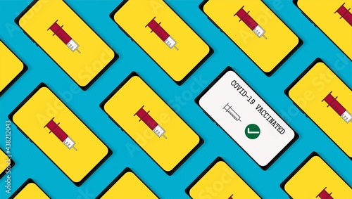 COVID-19 in progress vaccination tracking awareness and vaccinated people screening on smartphone pattern background. Health or vaccine digital passport concept. 