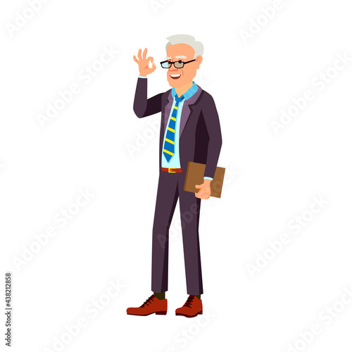 senior man gesturing ok and approving solution of employee cartoon vector. senior man gesturing ok and approving solution of employee character. isolated flat cartoon illustration