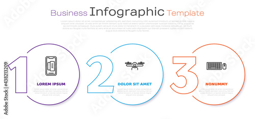 Set line Smartphone, mobile phone, Drone flying and Keyboard and mouse. Business infographic template. Vector