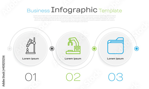 Set line Test tube flask on fire, Robotic robot arm hand factory and Document folder. Business infographic template. Vector