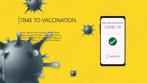 COVID-19 vaccination campaign awareness on smartphone app with vaccine passport approved test concept, bright yellow background.