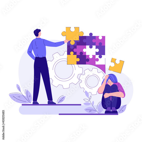 Psychology and psychotherapy session, mental healing and well-being, psychotherapist counseling. The woman and the therapist are putting together puzzles. Vector concept in flat cartoon style.