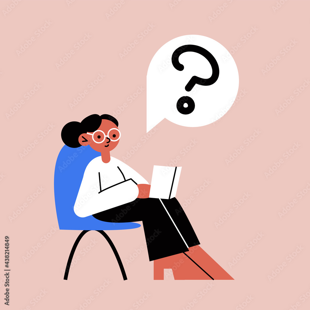 Woman psychologist, doctor or counselor. Vector stock illustration. Cartoon female character asking a question. Counseling, therapy, psychology, support concept. Mental health care Woman psychologist, doctor or counselor. Vector stock illustration. Cartoon female character asking a question. Counseling, therapy, psychology, support concept. Mental health care