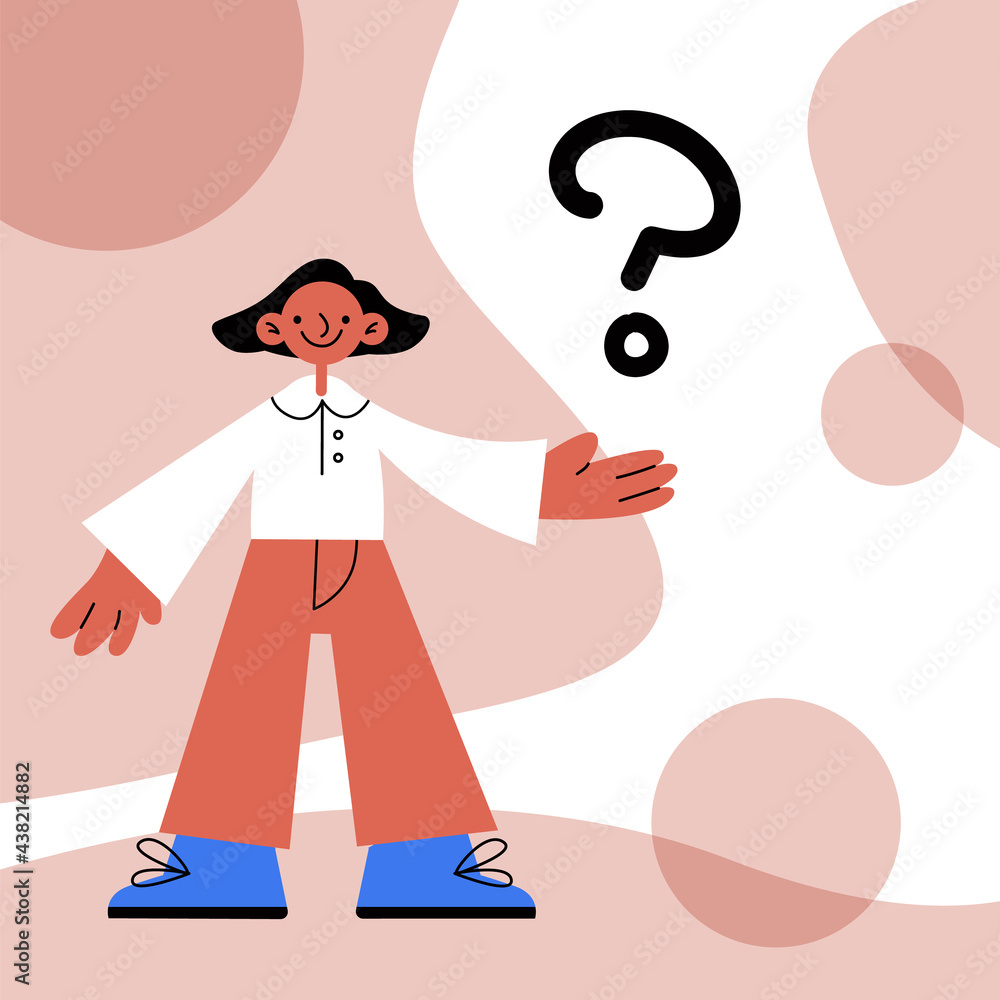 Obraz premium Happy person standing, question on hand. Vector modern stock illustration. Smiling woman or man holding a question sign. Concept: ask, faq, doubt, answer, help. Abstract cartoon background with girl