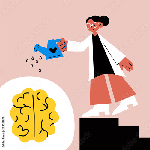 Female psychologist, psychotherapist and brain. Concept: psychotherapy, brain, mind, neurology. Mental health care illustration. Vector stock african woman. Abstract idea - treatment, help, support