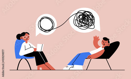 Female psychologist, psychotherapist and patient.Concept: psychotherapy, psychological session, consultation. Mental health care illustration. Vector stock people. Doctor unraveling tangled ropes