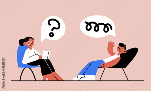 Female psychologist, psychotherapist and patient on sofa. Concept: psychotherapy, psychological session, consultation. Mental health care illustration. Vector stock people. Doctor asking question