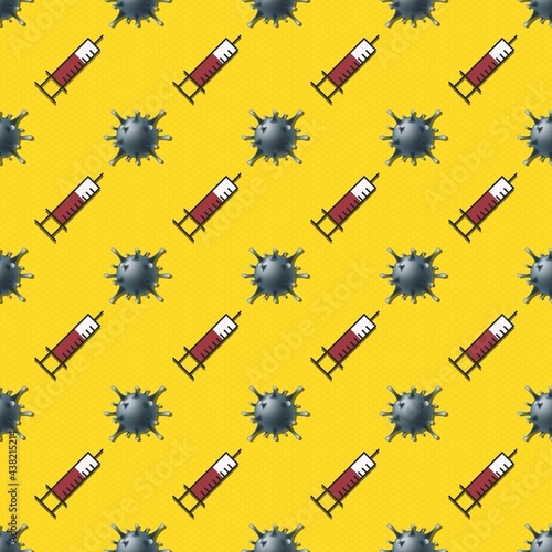 Vector COVID-19 virus and vaccine syringe icon symbol seamless pattern on bright yellow background. Use for fabric, textile, cover, template, decoration element, wrapping.
