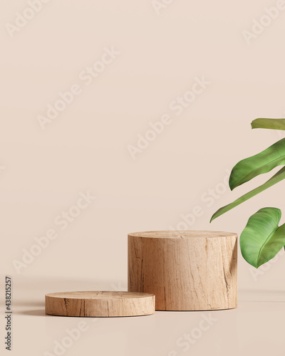 Fototapeta Naklejka Na Ścianę i Meble -  Wooden product display podium with nature leaves on brown background. 3D rendering	

