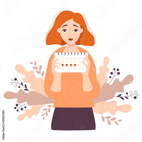 Girl looking at calendar. A beautiful red-haired girl holds in her hands a calendar of a female menstrual cycle against a pattern of leaves. Vector illustration. Womens health concept
