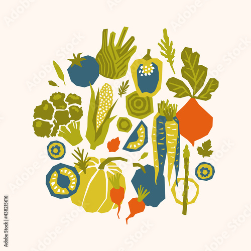 Various vegetables round composition. Papercut style. Healthy food design. 