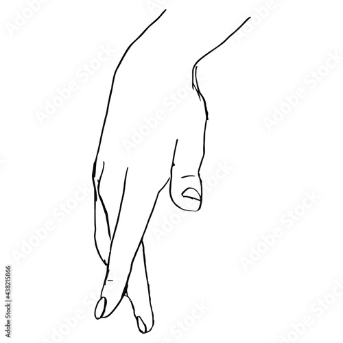 Beautiful female hand in elegant funny reconciliation gesture. Two fingers showing walking man. Hand drawn linear doodle rough sketch. Black silhouette on white background.