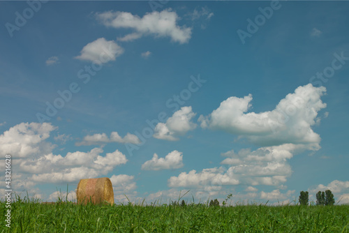 Una balla di fieno in un campo con nuvole di passaggio. photo