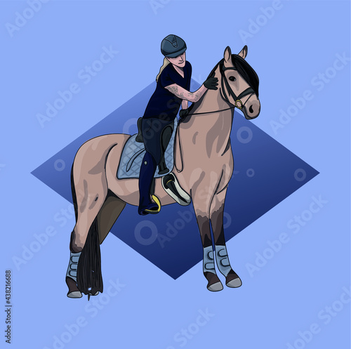 Vector colored illustration: a girl with her horse