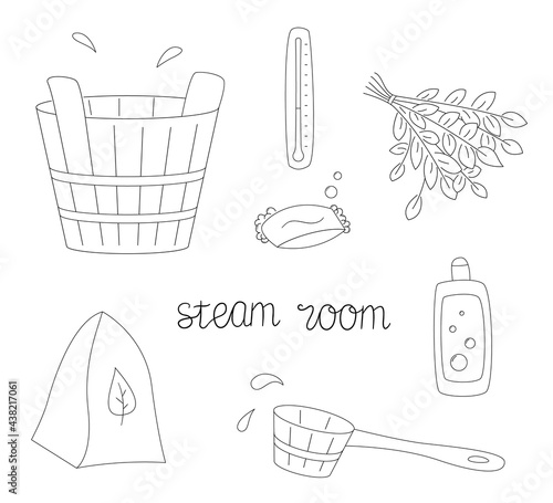 A set of items for the steam room. Wooden tub and scoop, soap and shampoo. Broom, thermometer and felt hat.Contour black and white isolated illustration in doodle style on white background.