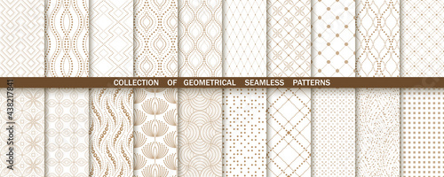Geometric set of seamless gold and white patterns. Simple vector graphics