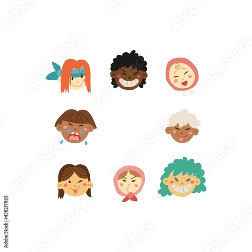 Hand drawn kids faces in line art style, modern minimalism art, bundle of smiling faces of boys and girls with different hairstyles, skin colors and ethnicities