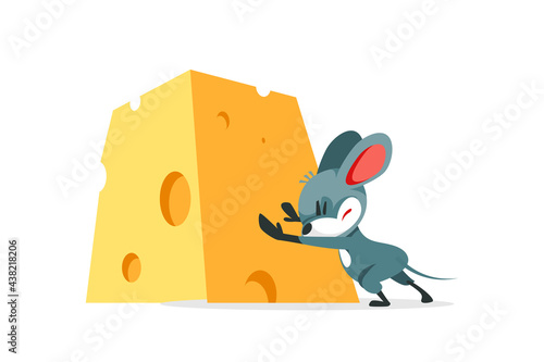 The cartoon mouse wants to steal the cheese and struggles to push the big heavy cheese. Vector illustration isolated on white background