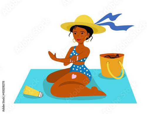 Lady applying sunscreen sitting on beach towel vector illustration