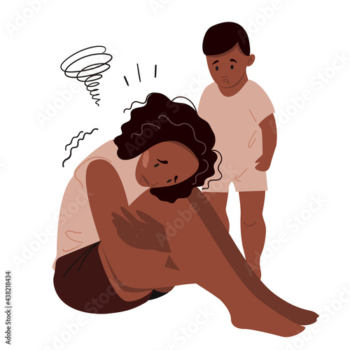Sad mother sitting on the floor with her crying child. Postpartum depression concept. Colorful vector illustration in flat cartoon style.