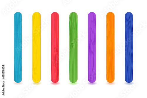 Realistic 3D wooden colored or plastic sticks.
For ice cream or frozen juice, covid test, or medical throat examination. Isolated items on white background.
