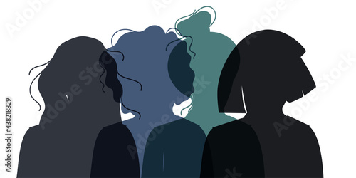 Women Silhouette of different cultures and nationalities standing together. The concept of the female empowerment movement and gender equality.