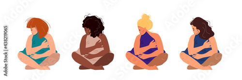 Sad women of different ethnicity sitting on the floor hugging pillow. Concept of mental disorder. Colorful vector illustration in flat cartoon style.