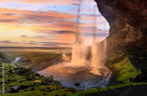 Scenic Seljalandsfoss water walls in south Iceland under evening sky
