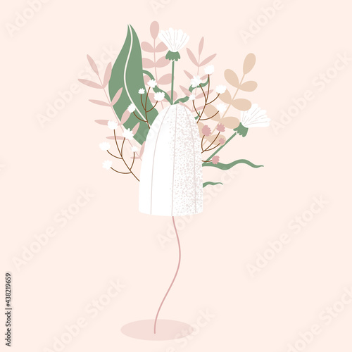 Pink female hyenic tampon with flowers and leaves. Product for women in critical days. Menstruation and self-care concept. Flat cartoon vector illustration. Isolated on white background. 
