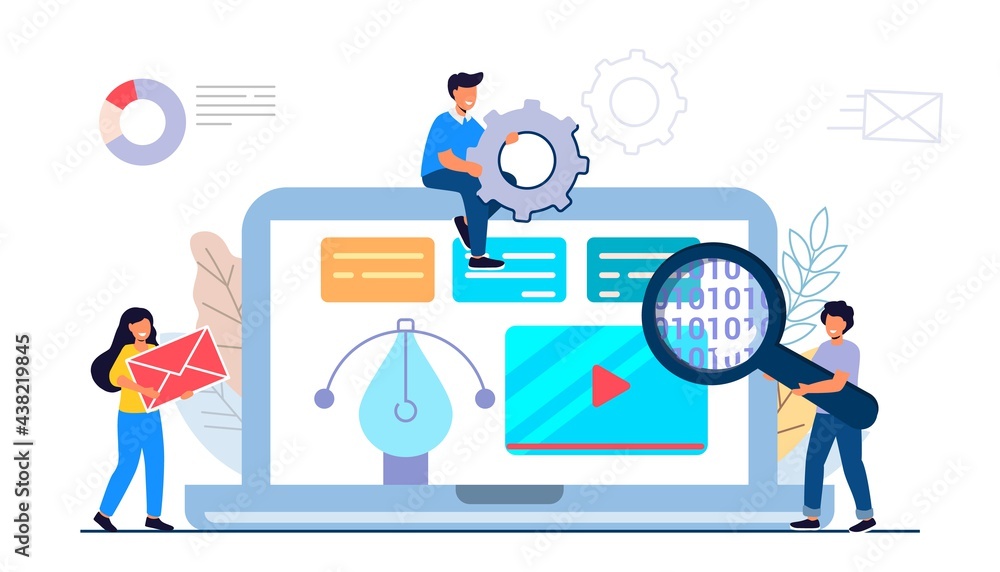 Building website project as programming homepage process Tiny person Vector illustration concepts for website and mobile website development Abstract design work activity and web elements layout