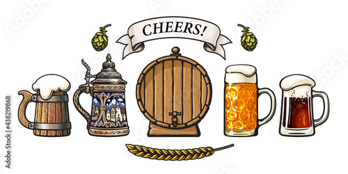 Vintage set of beer mugs, old wooden barrel with tap, hop cones, barley or wheat ear, Cheers. Vvector illustration.