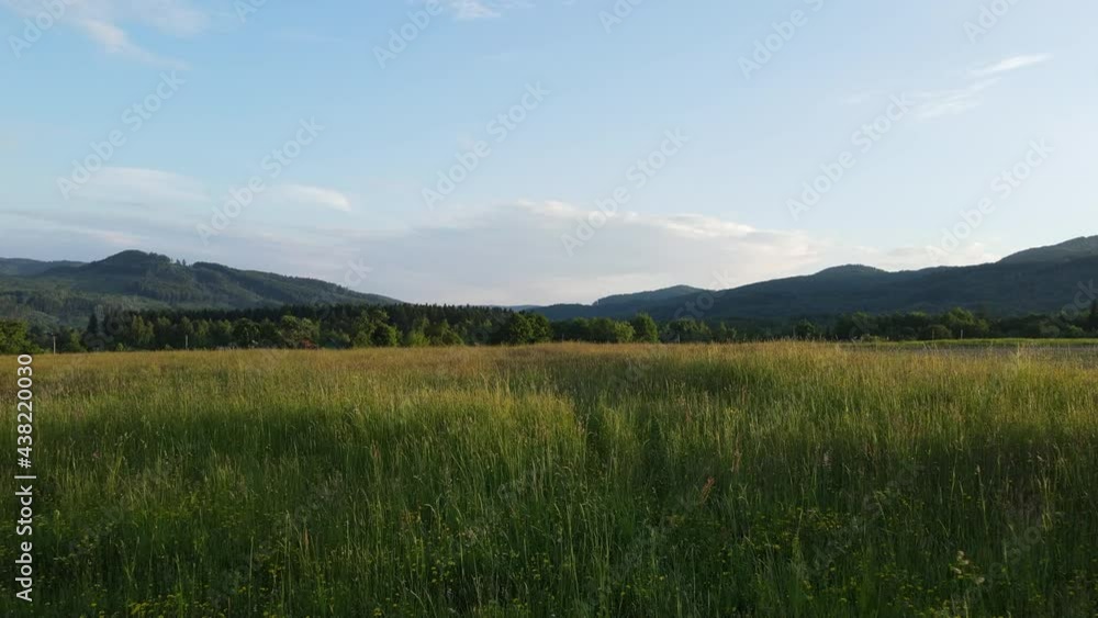 Drone shot of mother and daughter holding usa United States flag, run together in field on background mountains. Smiling free proud independent patriotic family feeling freedom, independence concept Drone shot of mother and daughter holding usa United States flag, run together in field on background mountains. Smiling free proud independent patriotic family feeling freedom, independence concept