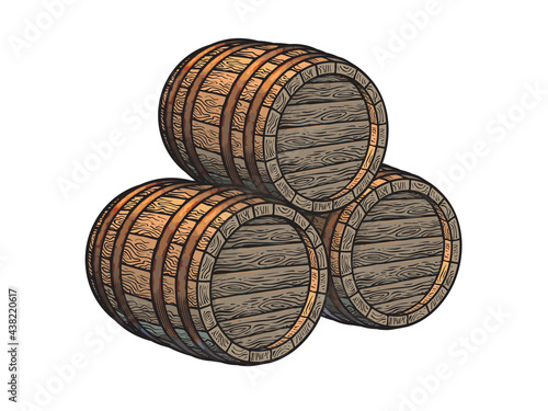Three stacked wooden barrels for beer, wine, whisky, rum and other alcohol. Hand drawn vector illustrations.