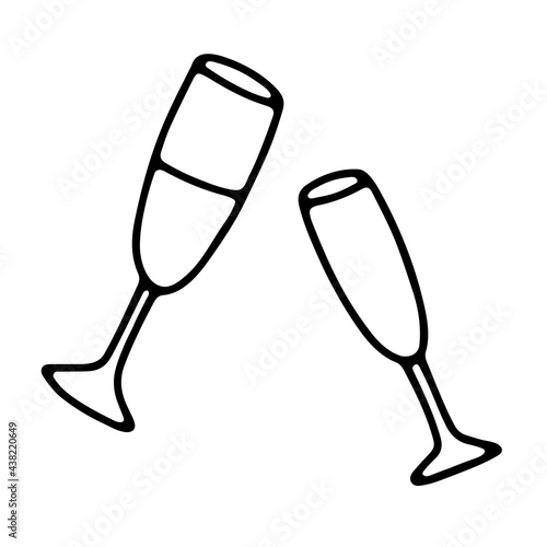 Doodle vector Glass with prosecco, champagne. Celebratory drink isolated on white background. Wineglass for the festive decoration, New Year, Christmas holiday, Birthday, Valentines Day illustration