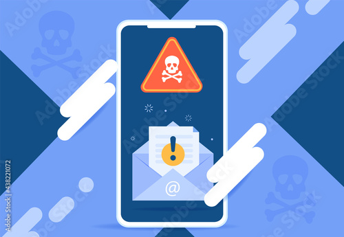 Banner with Notification of a malicious data phishing attack on the mobile device screen. A smartphone with a warning, spam fraud data, an error message, a scan, a virus