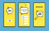 Quiz online game interface in paper cut style. Yellow and black color trivia mobile app papercut art template. UI smartphone application design. Set of vector flat screens questionnaire game
