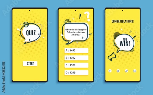 Quiz online game interface in paper cut style. Yellow and black color trivia mobile app papercut art template. UI smartphone application design. Set of vector flat screens questionnaire game photo