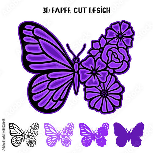 3D butterfly with flowers. Vector layered template for laser and paper cutting, printing on a T-shirt, mug. Insect silhouette.Flat style. Hand drawn decorative element for your design.