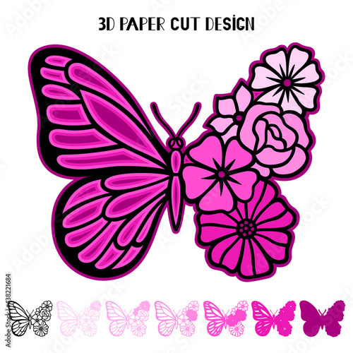 3D butterfly with flowers. Vector layered template for laser and paper cutting, printing on a T-shirt, mug. Insect silhouette.Flat style. Hand drawn decorative element for your design.