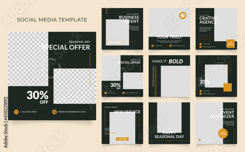 social media template banner blog business promotion. fully editable instagram and facebook square post frame puzzle organic sale poster. fresh dark green yellow element shape vector background