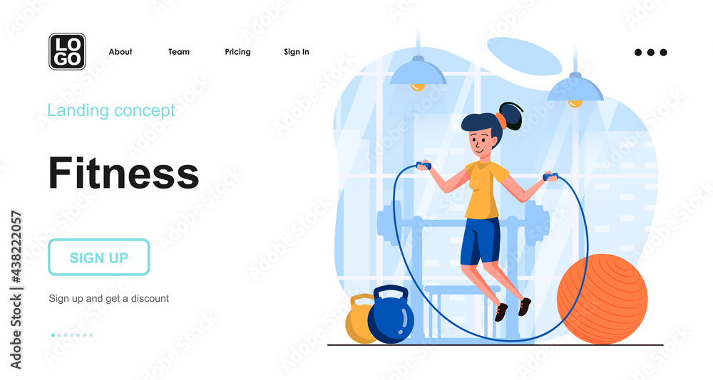 Fototapeta premium Fitness web concept. Woman is jumping rope in gym. Sport exercising, cardio workout, training. Template of people scene. Vector illustration with character activities in flat design for website